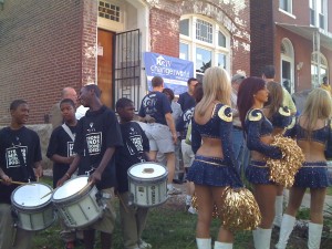 St. Louis Rams cheerleaders and the band getting ready